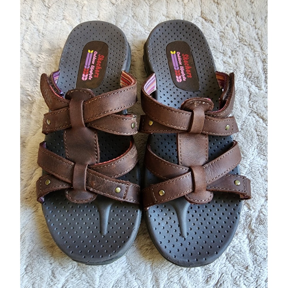 Skechers Outdoor Lifestyle Brown Leather Strappy Slide Sandals Women 8